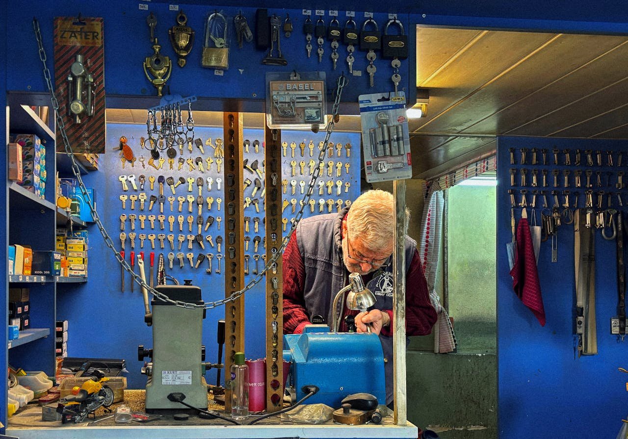 services-01 A senior locksmith crafts a key in his hardware shop filled with locks and keys.